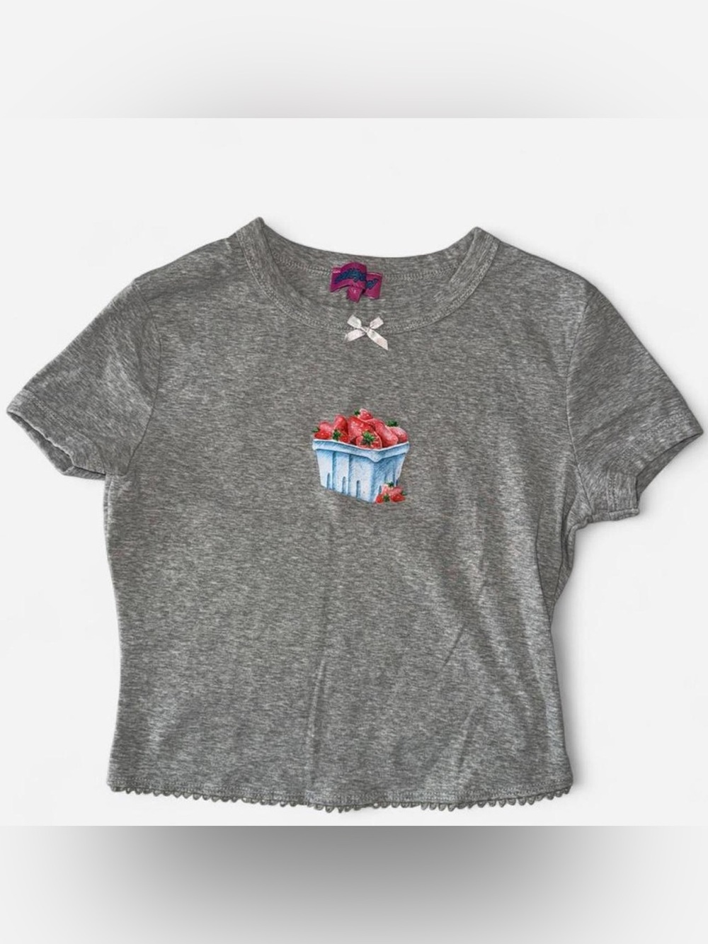 Edikted Gray Crop Tee with Strawberry Basket Graphic